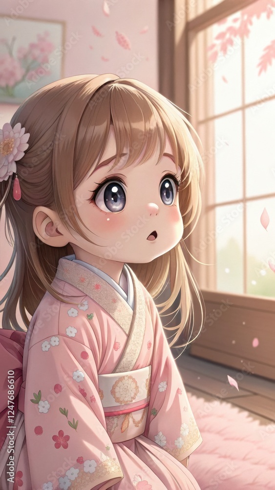 Adorable anime girl in traditional kimono with cherry blossoms Adorable anime girl in traditional kimono with cherry blossoms