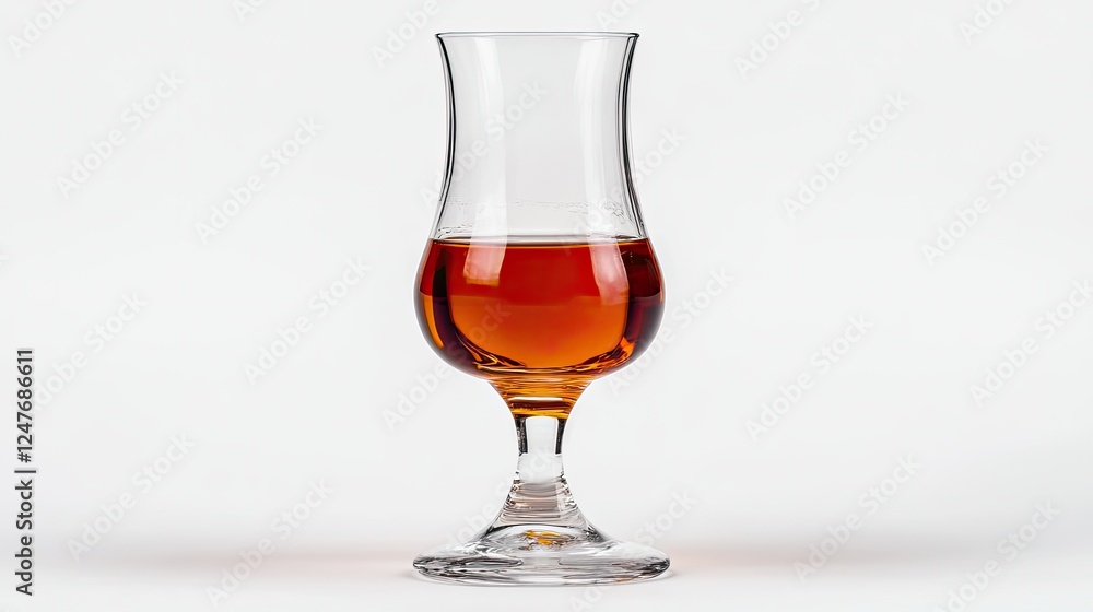 A stemmed glass partially filled with amber liquid against a white background. A stemmed glass partially filled with amber liquid against a white background.