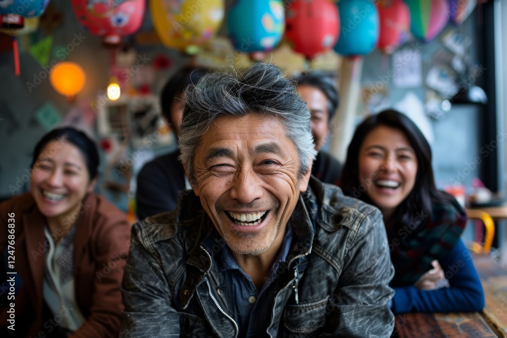 Group of asian people sitting in a coffee shop and smiling. Group of asian people sitting in a coffee shop and smiling.
