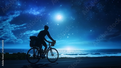 Silhouette of a cyclist against a starry night sky by the ocean.