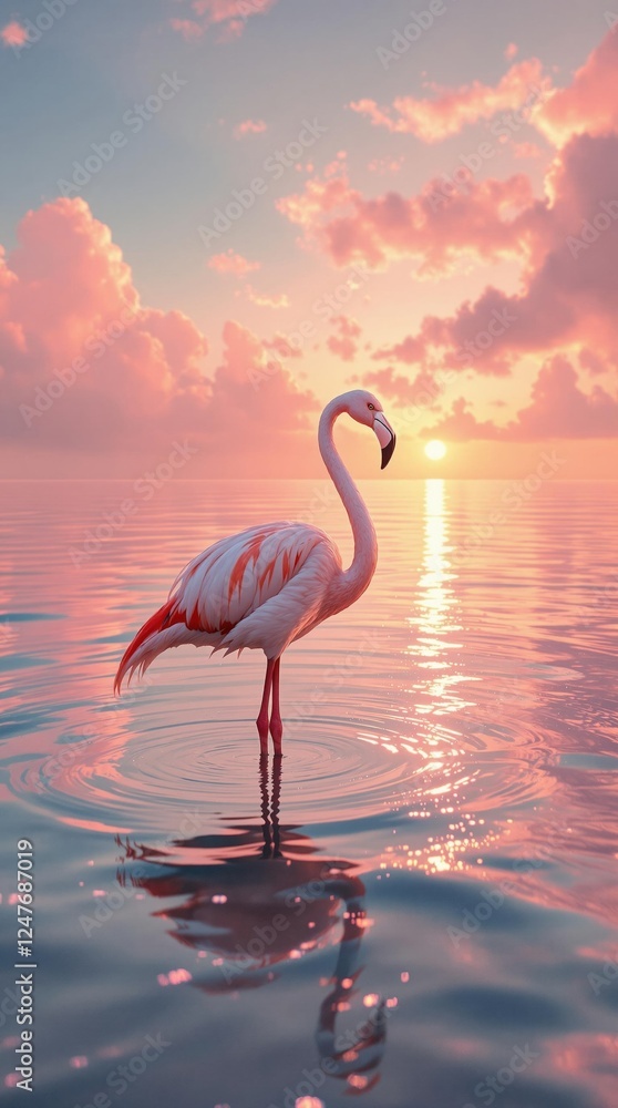Fototapeta premium Flamingo at sunset: serene water reflection with pink skies