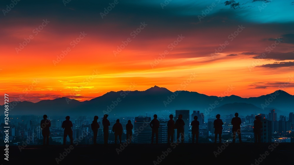 Silhouette of friends enjoying a vibrant sunset over the city. Silhouette of friends enjoying a vibrant sunset over the city.