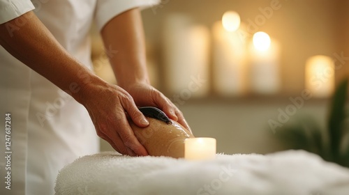 Wallpaper Mural A soothing spa scene captures the skilled hands of a therapist gently applying techniques for relaxation on a client, surrounded by a tranquil ambiance illuminated by candlelight. Torontodigital.ca