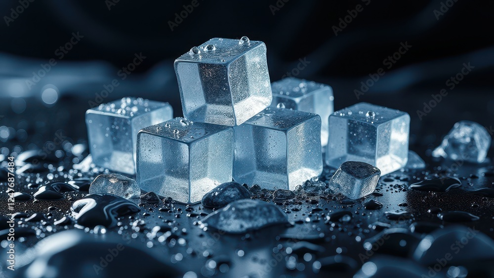Three melting ice cubes on a dark silky surface with water droplets and soft lighting Three melting ice cubes on a dark silky surface with water droplets and soft lighting