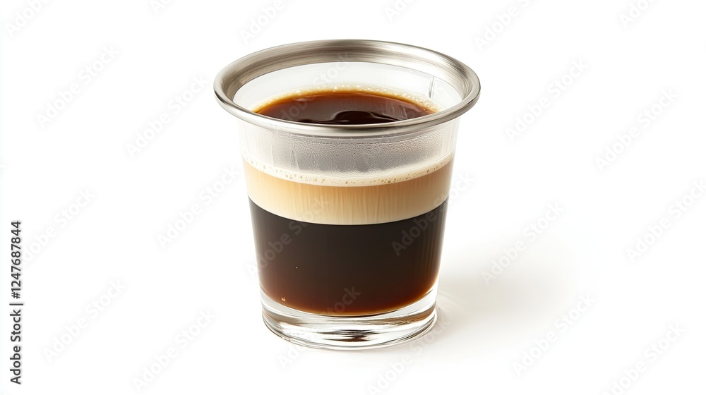 Close-up of a layered espresso beverage in a clear glass with a metallic rim, isolated on white background. Close-up of a layered espresso beverage in a clear glass with a metallic rim, isolated on white background.