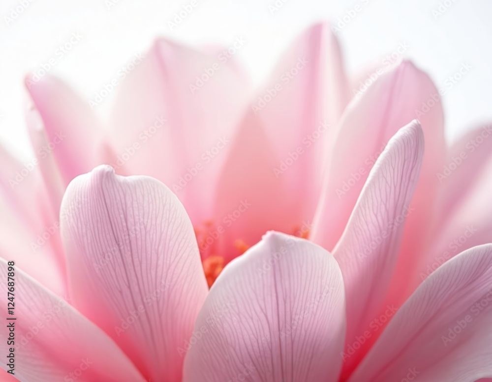 Fototapeta premium Closeup view of delicate pink flower petals. Detailed macro photo intricate patterns, textures. Soft pastel pink hues create beautiful natural aesthetic. Fragile flower petals. Botanical close up