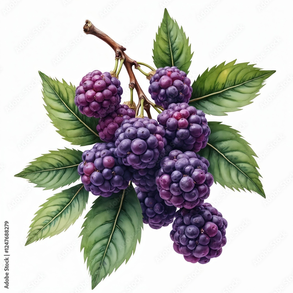 Fototapeta premium Fresh juicy deep purple blackberries cluster on branch with green leaves. Isolated on white background. Visual, creative fruit image for food, summer, healthy vegan themes. Vibrant, colorful berry