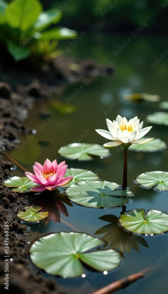 Mud-covered plants and water lilies on a still pond surface, mud, still life Mud-covered plants and water lilies on a still pond surface, mud, still life