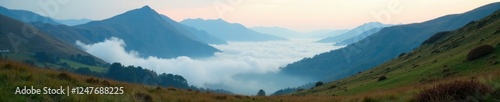 Mountain landscape with mist and fog in Cwmystwyth valley, scenery, mist, valley photo