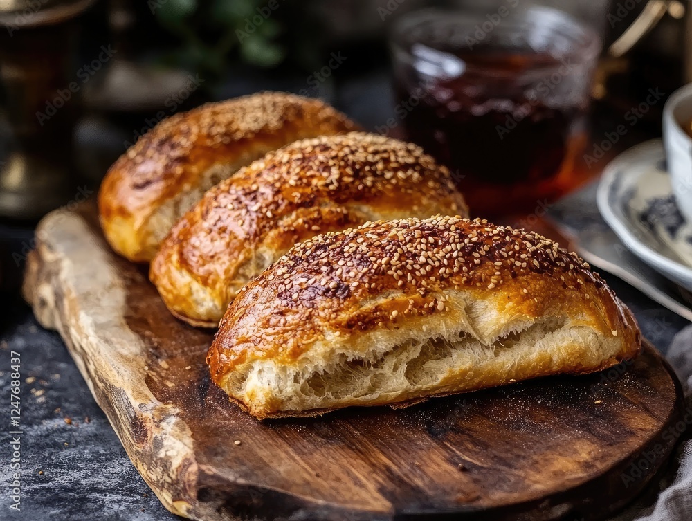 Delicious sesame seed buns on wooden board, perfect for breakfast time Delicious sesame seed buns on wooden board, perfect for breakfast time