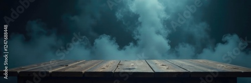 Mysterious fog envelops wooden table, shrouding its contents in darkness, smoke wafts upwards, wooden, mysterious photo