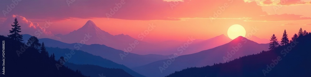 Fototapeta premium Ombre sunset on a mountain range with wispy clouds and trees, serene, texture