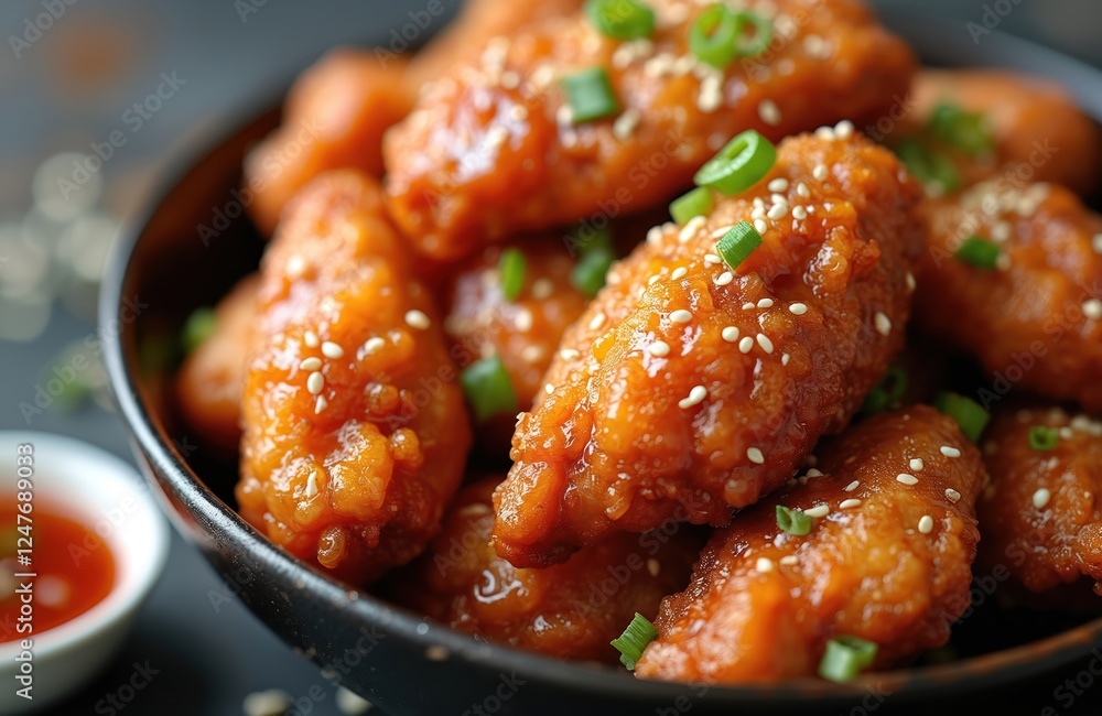 Close-up view of delicious Korean fried chicken wings. Crispy, golden-brown chicken pieces glazed with sweet, savory sauce. Sesame seeds, green onions add flavor, visual appeal. Food looks fresh, Close-up view of delicious Korean fried chicken wings. Crispy, golden-brown chicken pieces glazed with sweet, savory sauce. Sesame seeds, green onions add flavor, visual appeal. Food looks fresh,