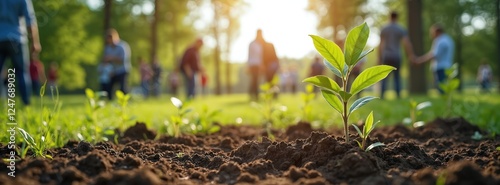 Group planting trees in park. Community volunteers planting saplings in parkland. People planting trees in community garden. Group activity for healthy environment. Eco-conscious community. Family