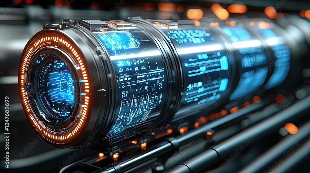 Futuristic Technology: Close-up of a Sleek, Advanced Digital Device with a Bright Blue Interface Futuristic Technology: Close-up of a Sleek, Advanced Digital Device with a Bright Blue Interface