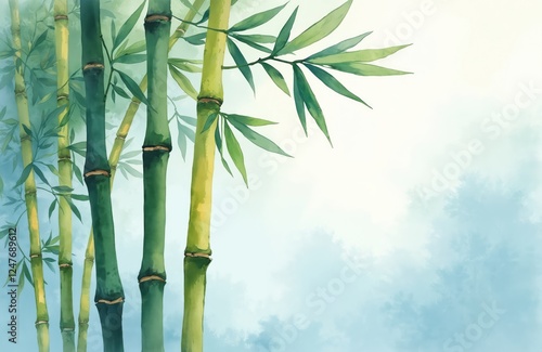 Zen like bamboo grove. Asian nature design with green bamboo stems, leaves. Elegant illustration in soft watercolor style. Calm blue sky background suggests peaceful atmosphere. Decorative elements photo