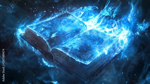An open book surrounded by a blue fiery glow in a dark space with faint glimmers of light