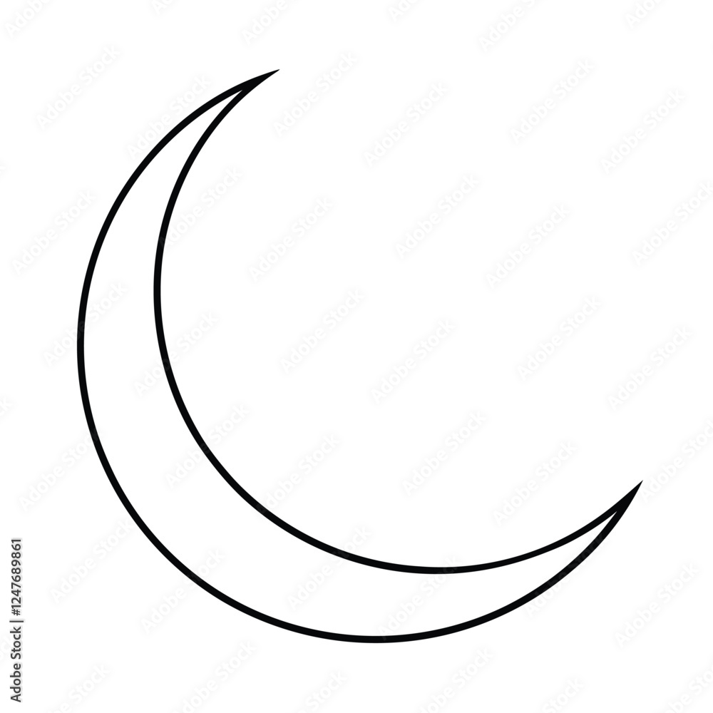 The crescent Moon Line art icon is on a white background—a crescent moon line art vector. The crescent Moon Line art icon is on a white background—a crescent moon line art vector.