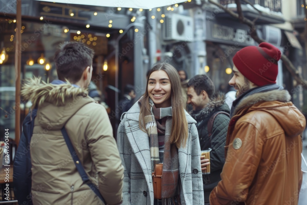 Portrait of a beautiful young woman with friends on the street. Portrait of a beautiful young woman with friends on the street.