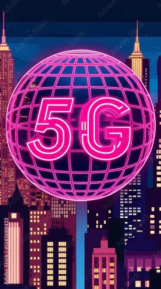 Fototapeta premium 5G technology futuristic digital network concept with glowing neon pink grid sphere and high-speed wireless connectivity symbol in modern smart city nightscape background