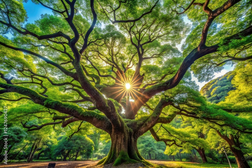 Obraz premium Yoyogi Park's Meiji Jingu: vibrant green canopy, rule of thirds composition, capturing serene Japanese nature.