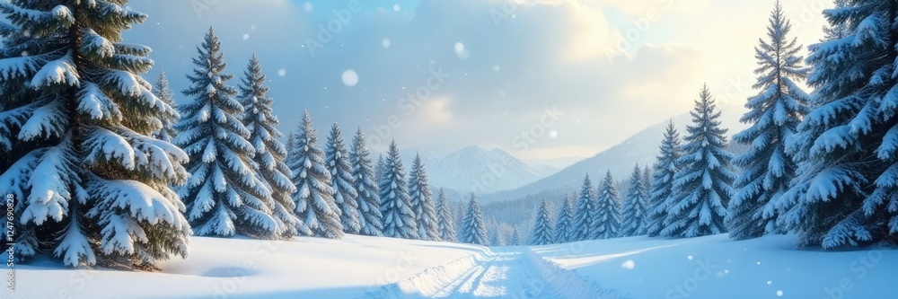 Snowflakes gently falling from the sky onto a peaceful winter landscape, pine trees, winter landscape Snowflakes gently falling from the sky onto a peaceful winter landscape, pine trees, winter landscape