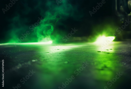 green asphalt neon rays reflections abstract light smoke dark template scene ray empty background floor concrete street wet black road spotlight fog night texture space studio textured wall effect