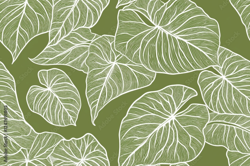Fototapeta premium Padrão contínuo (seamless pattern) de folhas estilizadas em tons de verde com linhas delicadas em branco, criado com IA generativa.
