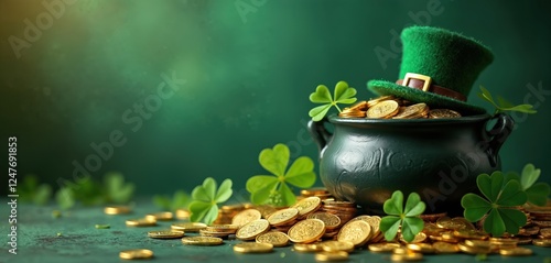 St Patricks Day celebration. Pot of gold coins. Clover leaves on green background. Irish tradition. Lucky money. Spring holiday. Pot filled with gold coins. Green shamrock leaves. Symbol of wealth, photo