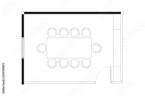 2 dimension of layout plan meeting room 10 chairs interior design, black lines on white background. 1