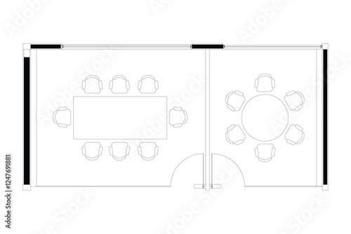 2 dimension of layout plan two meeting room 8 chairs and 6 chairs interior design, black lines on white background. 5