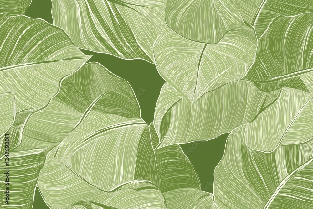 Padrão contínuo (seamless pattern) de folhas estilizadas em tons de verde com linhas delicadas em branco, criado com IA generativa. Padrão contínuo (seamless pattern) de folhas estilizadas em tons de verde com linhas delicadas em branco, criado com IA generativa.