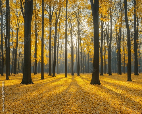 Sunlit autumn forest with golden leaves. photo