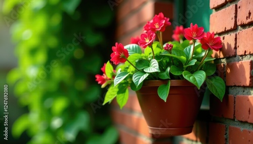 Trachelospermum asiaticum in a hanging basket on red brick, greenery, foliage, wall photo