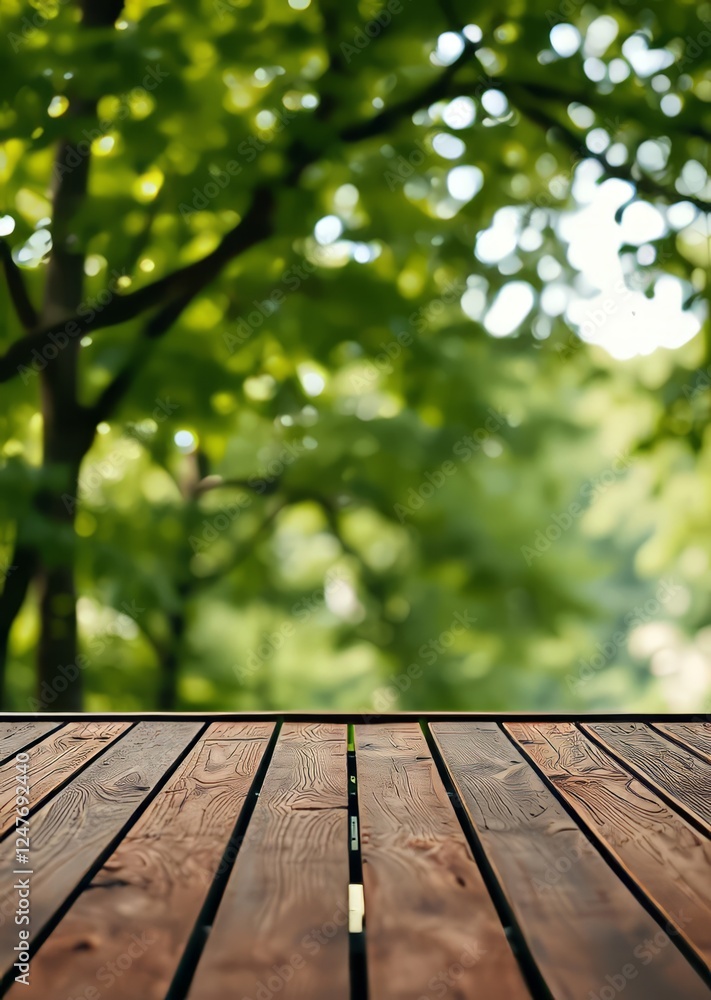 Empty wooden deck table over blurred tree with bokeh background bokeh green bokeh green abstract background light bright blur pattern Empty wooden deck table over blurred tree with bokeh background bokeh green bokeh green abstract background light bright blur pattern