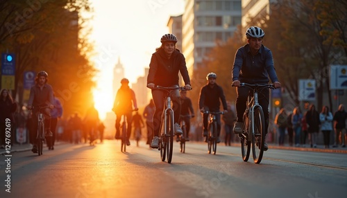 Fototapeta Naklejka Na Ścianę i Meble -  Group of people bike ride city street sunset. Active lifestyle. Urban scene. Golden hour light. Sunny day. People commute. Fun activity. Commuter culture. Summer day. Healthy urban transportation.