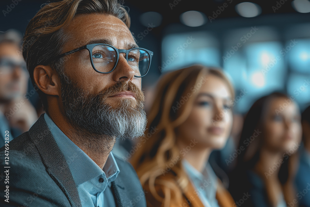 Man with glasses looking up at the camera with a neutral expression in a well-lit indoor setting Man with glasses looking up at the camera with a neutral expression in a well-lit indoor setting