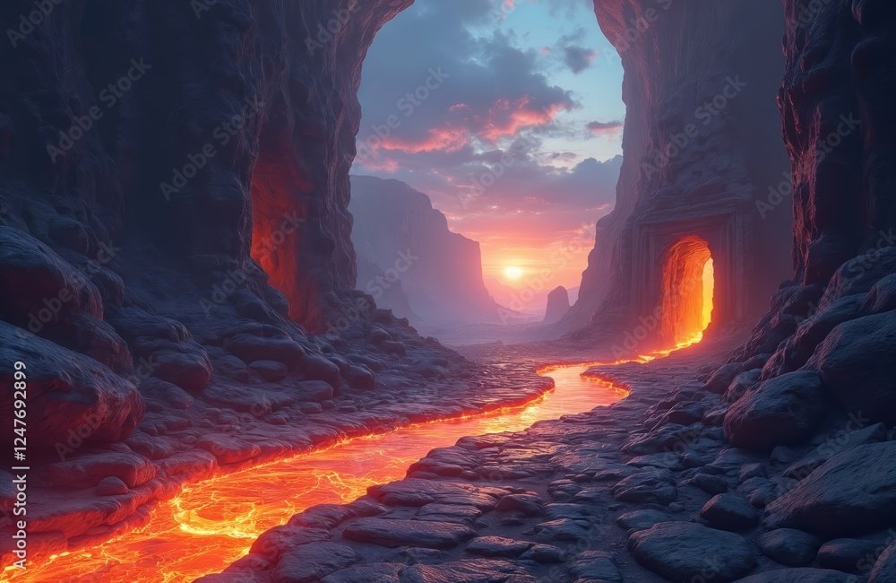 Fototapeta premium Molten river flows through ancient ruins. Sunset illuminates mystical landscape. Pathway leads through gate. Journey, adventure, exploration await. Power of nature. Surreal fantasy. Landscape art.