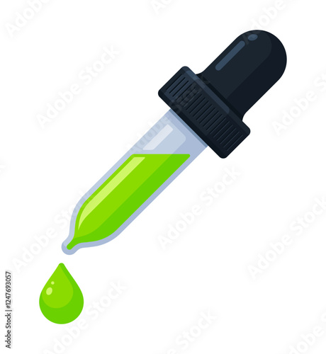 Dropper with light green ink droplet. Skincare, essential oil, chemistry pipette, color picker concept. Flat vector illustration isolated on a white background