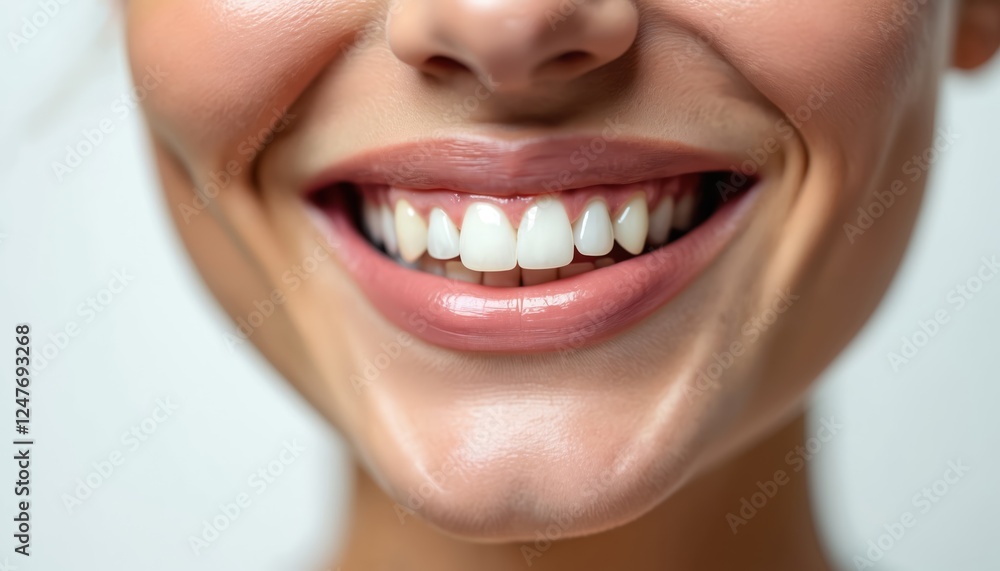 Obraz premium Closeup photo of smiling woman with perfect white teeth. Woman face, lips highlighted. Natural beauty concept. Model poses on white background. Attractive girl healthy teeth, skin showcased. Natural