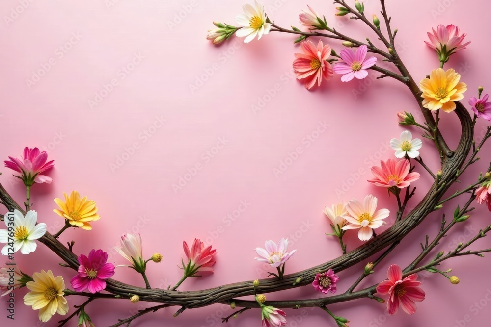 Twisted willow branches intertwined with colorful flowers on pink Easter background, willow, branches Twisted willow branches intertwined with colorful flowers on pink Easter background, willow, branches