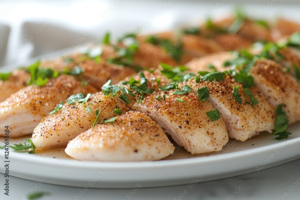 Freshly Cooked Fish Fillets with Spices and Herbs on a White Plate Ready for Serving Freshly Cooked Fish Fillets with Spices and Herbs on a White Plate Ready for Serving