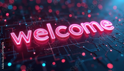 Digital neon pink welcome word on futuristic tech background. Greeting text ideal for websites promotions events. Modern tech style invitation template. Digital cyberspace background. Pink glowing photo