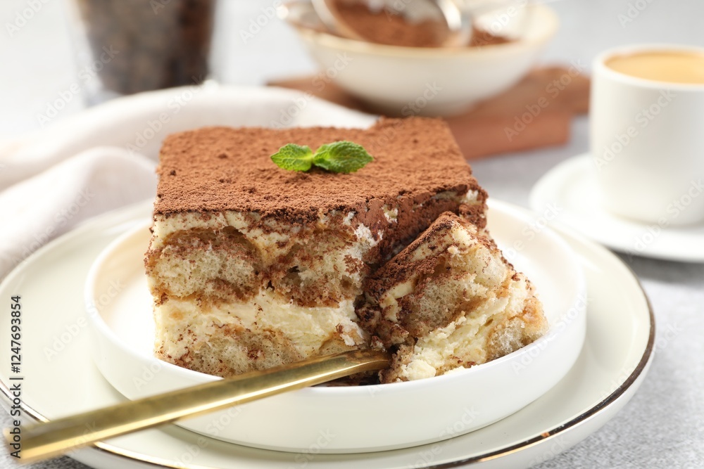 Delicious tiramisu with mint on light table, closeup Delicious tiramisu with mint on light table, closeup