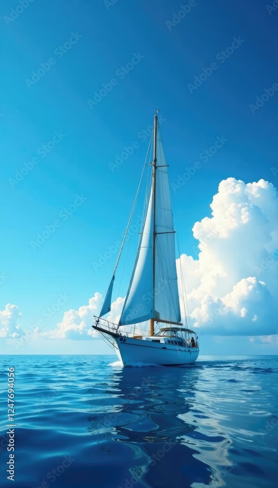 Fototapeta premium Vessel sails through the clear blue sky with clouds, clear, clouds, horizon