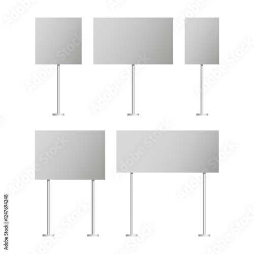 Blank metal signs. Advertising board vector. Display panel shapes. Monochrome billboard set.