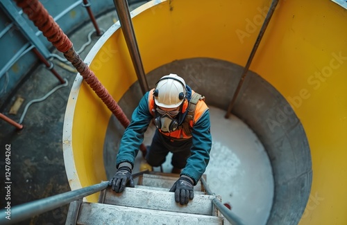 Fototapeta Naklejka Na Ścianę i Meble -  Industrial worker climbs stairs into large yellow tank. Safety equipment includes respirator, protective gear. Rescue rope visible. Confined space entry. Industrial setting. Safety measures