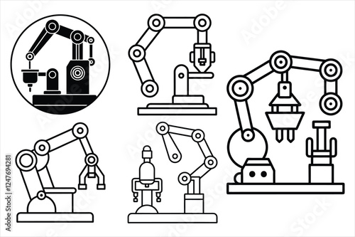 Set of robotic surgery silhouette, line art vector icon illustration on white background.