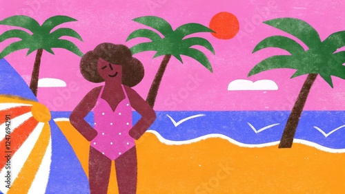 Vibrant beach scene with sunbathing woman and tropical palm trees at sunset
