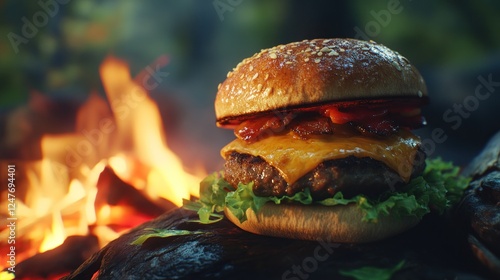 Juicy Gourmet Burger by Campfire: A mouthwatering feast of grilled patty, melted cheese, crispy bacon, and fresh lettuce, all enjoyed by the warm glow of a campfire. photo